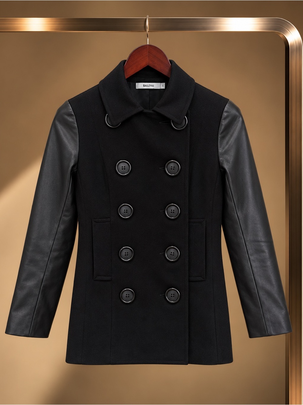 Bailey 44 Black Double Breasted Ponte Peacoat Faux Leather Sleeves Made USA XS